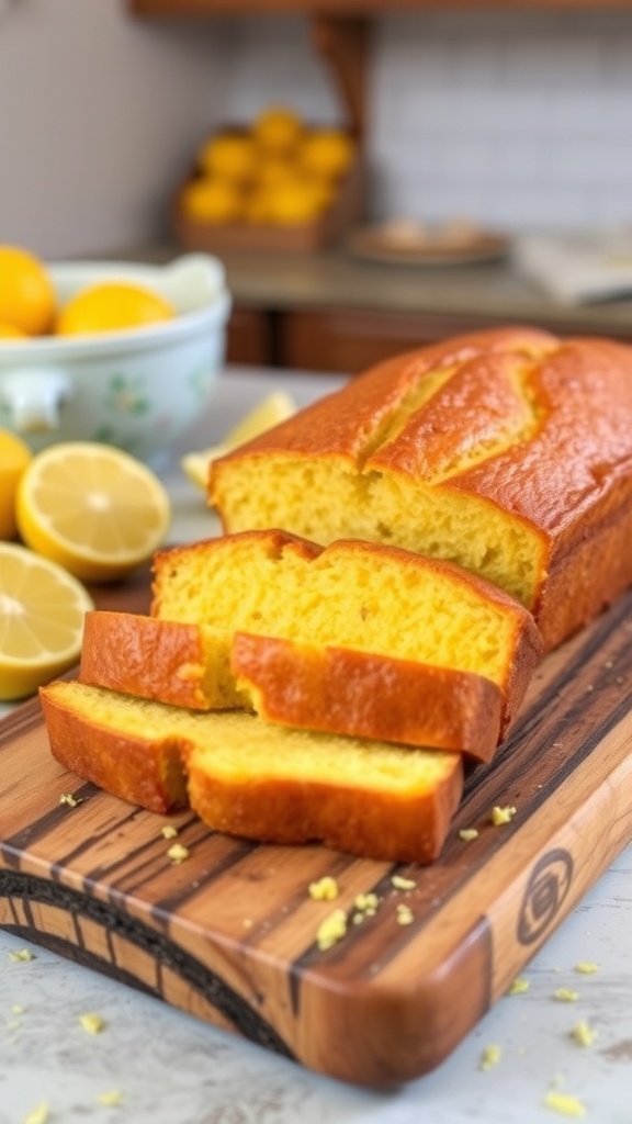 Sliced keto lemon bread on a wooden board with lemon wedges and zest.